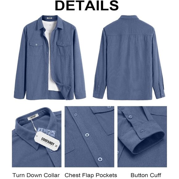 Men's Denim Blue Button Down Waffle Shirt Jacket Casual Long Sleeve Shacket - Picture 5 of 6